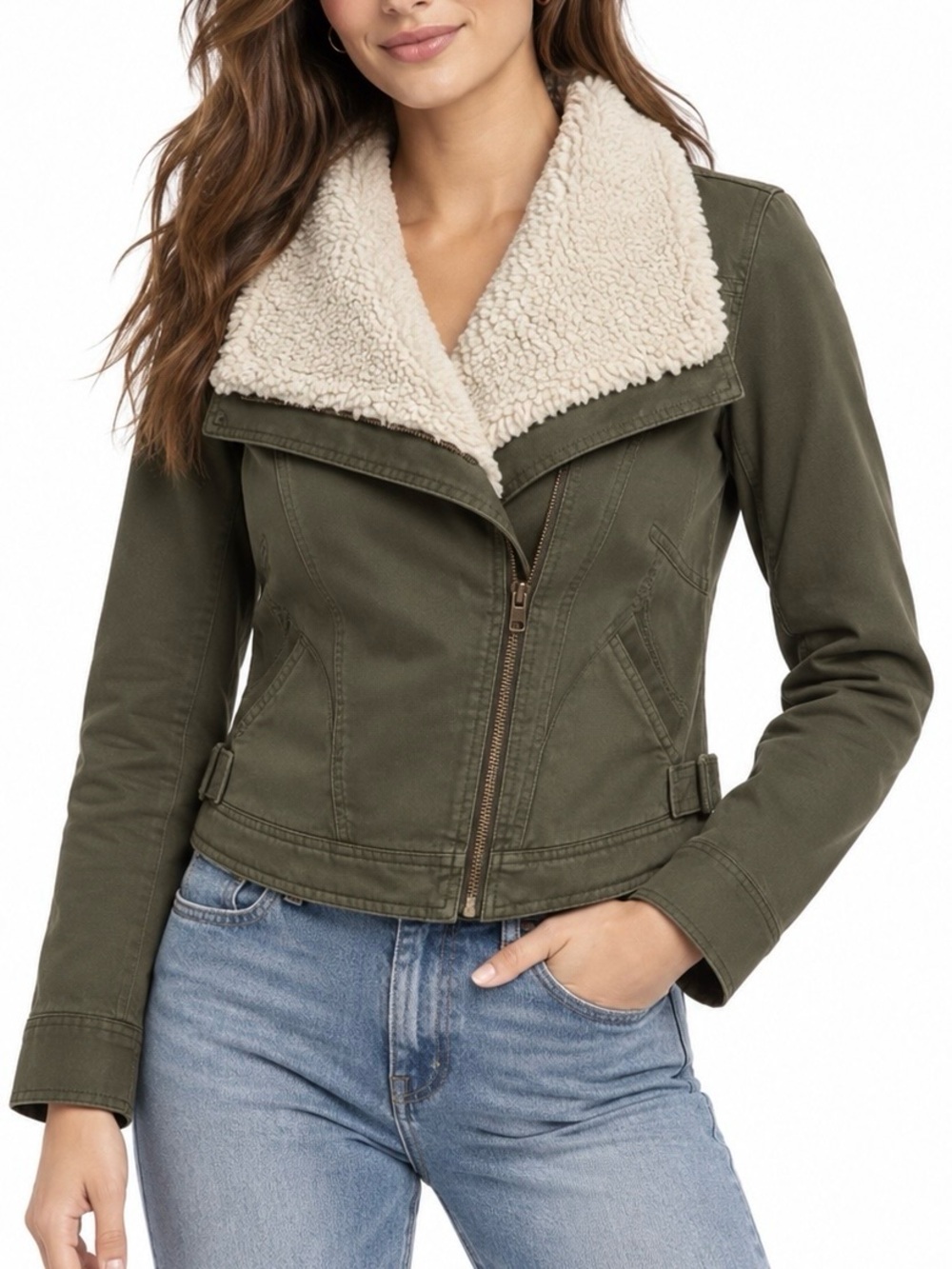 Anthropologie Marrakech Sherpa Collar Moto Utility Jacket Olive Green Petite S
